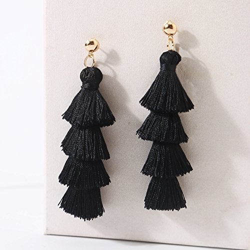 BaubleStar Fashion Tassel Dangle Earrings for Women Layered Long Bonita Tiered Black Thread Tassel Drop Statement Jewelry - Image 4