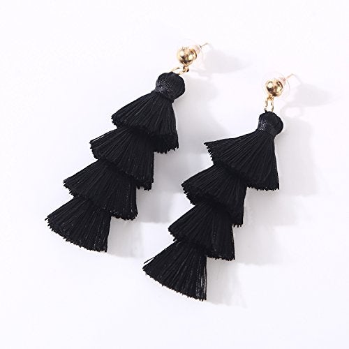 BaubleStar Fashion Tassel Dangle Earrings for Women Layered Long Bonita Tiered Black Thread Tassel Drop Statement Jewelry - Image 3