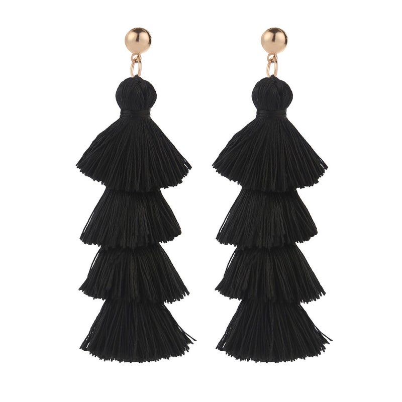 BaubleStar Fashion Tassel Dangle Earrings for Women Layered Long Bonita Tiered Black Thread Tassel Drop Statement Jewelry - Image 5