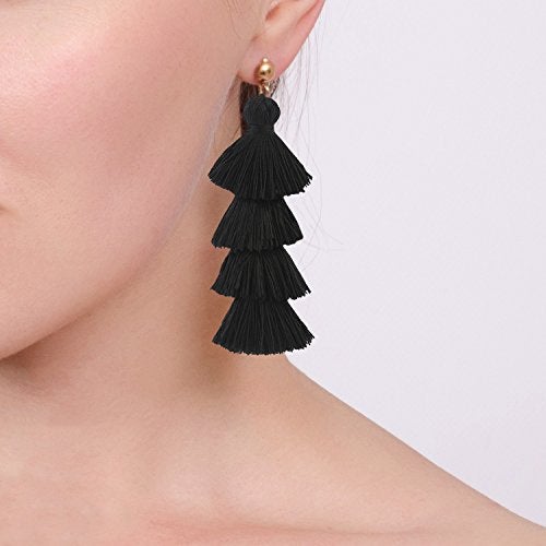 BaubleStar Fashion Tassel Dangle Earrings for Women Layered Long Bonita Tiered Black Thread Tassel Drop Statement Jewelry - Image 2