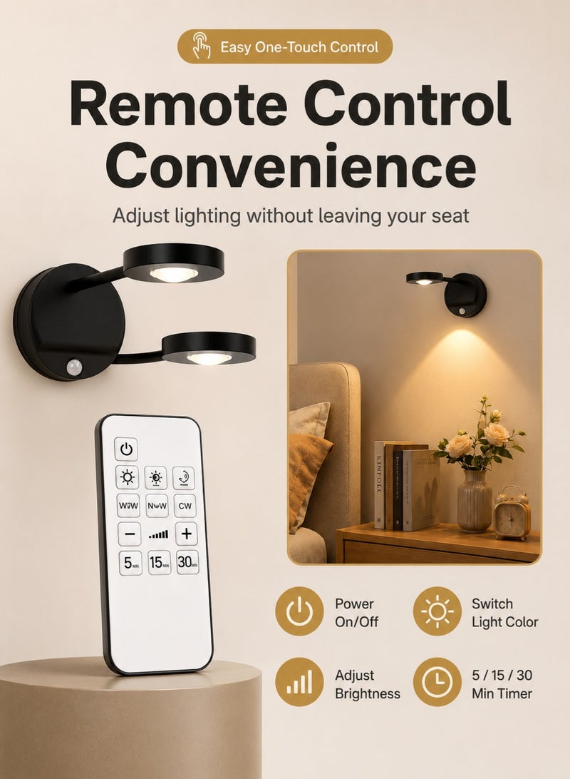 OAGA 2 Pack Rechargeable LED Wall Lights with Motion Sensor & Remote Control, 360° Rotatable Wireless Picture Lights, 3 Color Temperatures Dimmable Battery Powered Wall Lamps for Bedroom, Hallway, Artwork, Mirror & Gallery - Image 3