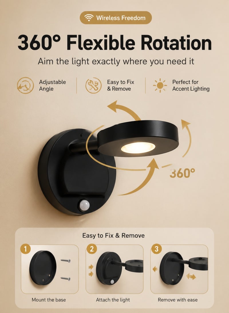 OAGA 2 Pack Rechargeable LED Wall Lights with Motion Sensor & Remote Control, 360° Rotatable Wireless Picture Lights, 3 Color Temperatures Dimmable Battery Powered Wall Lamps for Bedroom, Hallway, Artwork, Mirror & Gallery - Image 4