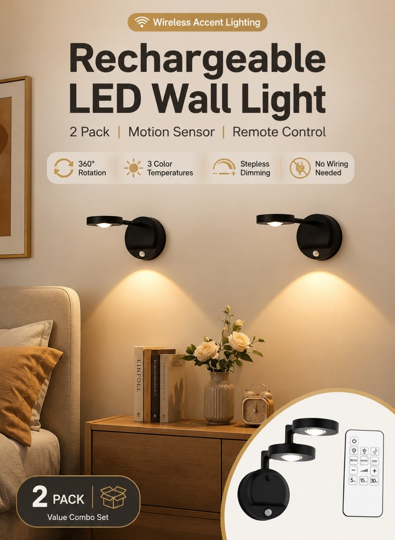 OAGA 2 Pack Rechargeable LED Wall Lights with Motion Sensor & Remote Control, 360° Rotatable Wireless Picture Lights, 3 Color Temperatures Dimmable Battery Powered Wall Lamps for Bedroom, Hallway, Artwork, Mirror & Gallery - Image 1