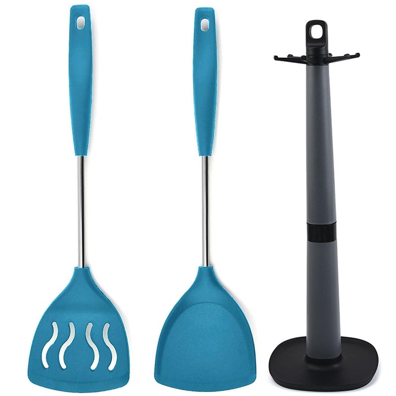 P Plus Fire Pancake Turner Slotted Turner Fish Turner Steel Dosa Spatula for Non Stick Pan Karandi Kitchen Spatula Steel Spatula for Cooking Stand for Spoons and Spatula Set of 3 Blue - Image 1