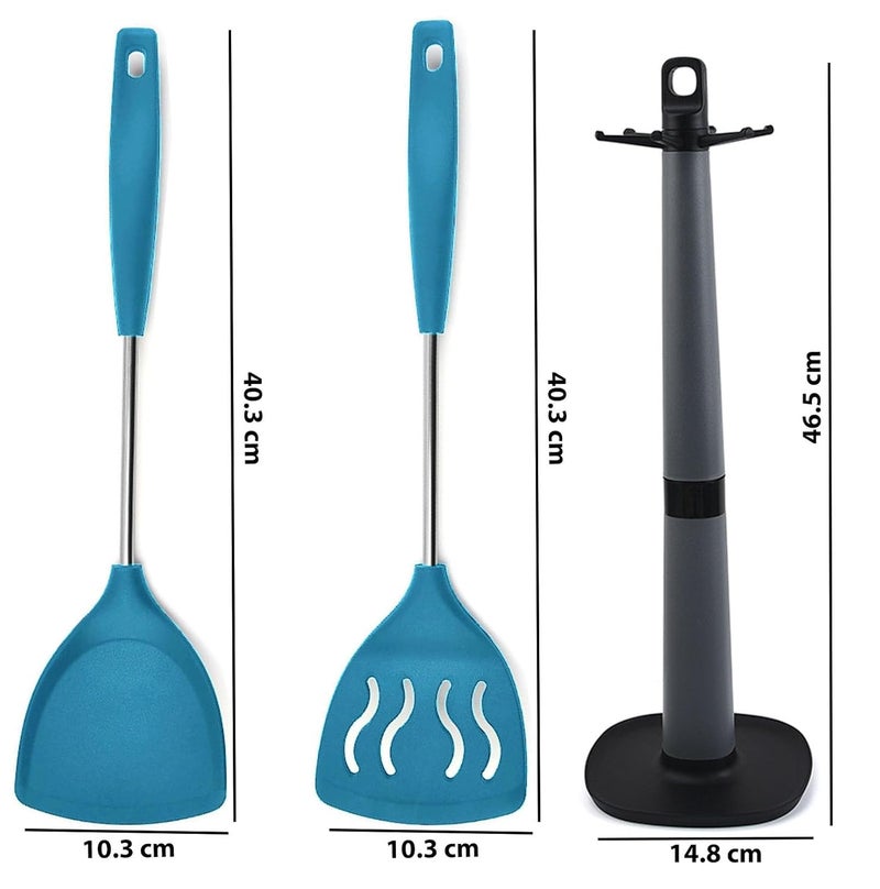 P Plus Fire Pancake Turner Slotted Turner Fish Turner Steel Dosa Spatula for Non Stick Pan Karandi Kitchen Spatula Steel Spatula for Cooking Stand for Spoons and Spatula Set of 3 Blue - Image 2