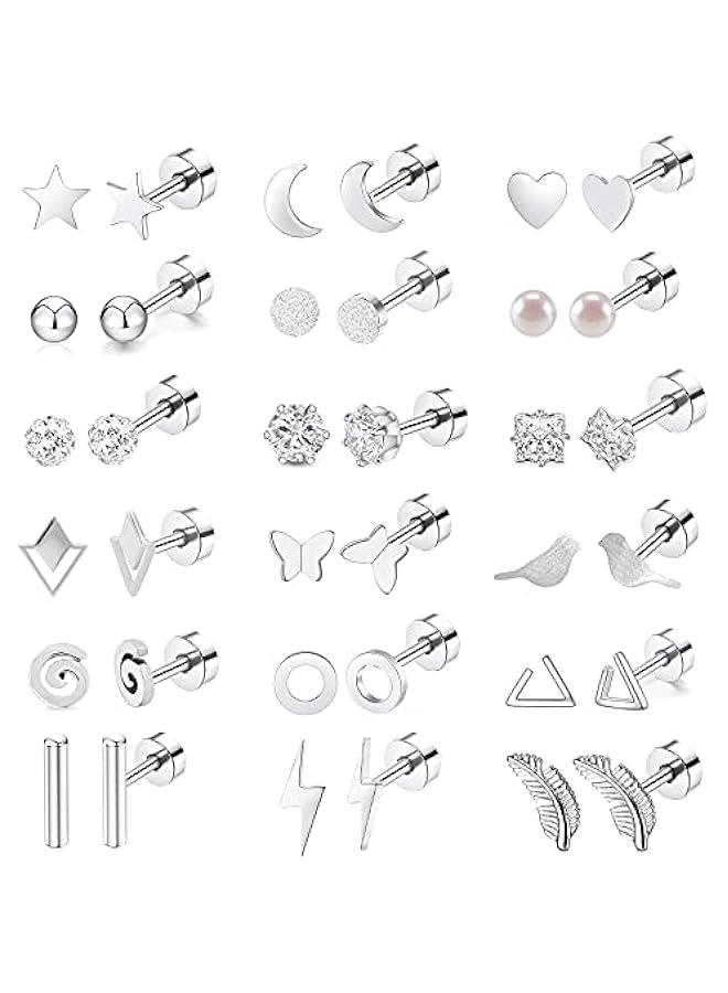 18 Pairs Women‘s Hypoallergenic Flat Back Stud Earrings，20g Stainless Steel Earrings Sets for Men，Tiny Unisex Screw Back Cartilage Earrings.  - Image 1