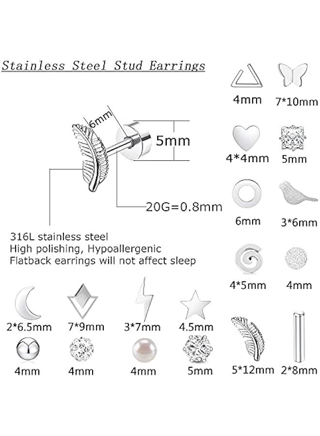 18 Pairs Women‘s Hypoallergenic Flat Back Stud Earrings，20g Stainless Steel Earrings Sets for Men，Tiny Unisex Screw Back Cartilage Earrings.  - Image 2