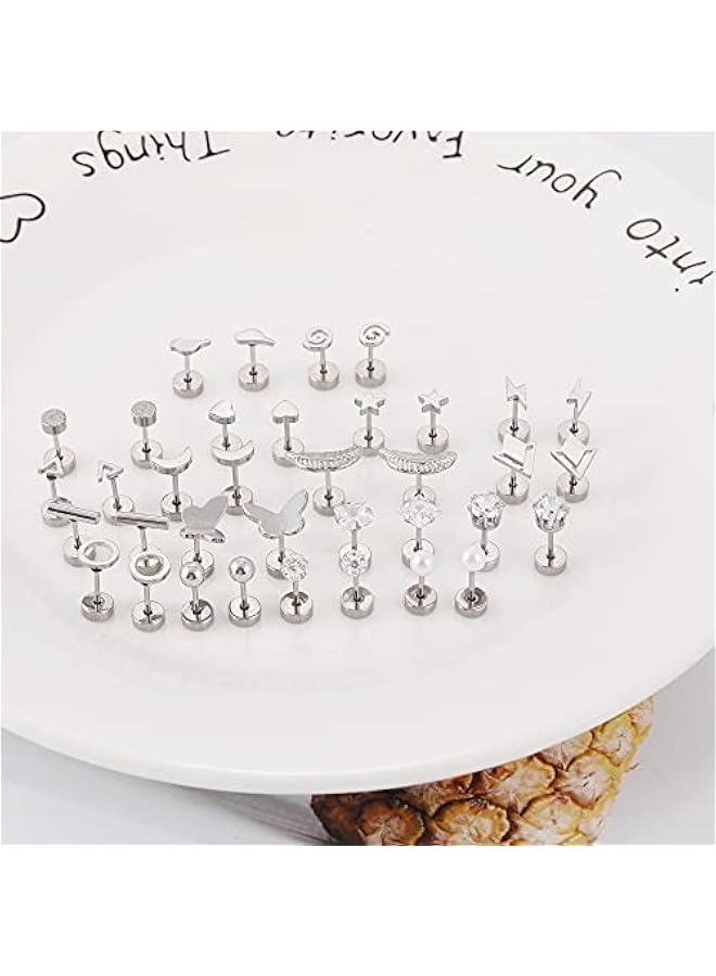 18 Pairs Women‘s Hypoallergenic Flat Back Stud Earrings，20g Stainless Steel Earrings Sets for Men，Tiny Unisex Screw Back Cartilage Earrings.  - Image 4