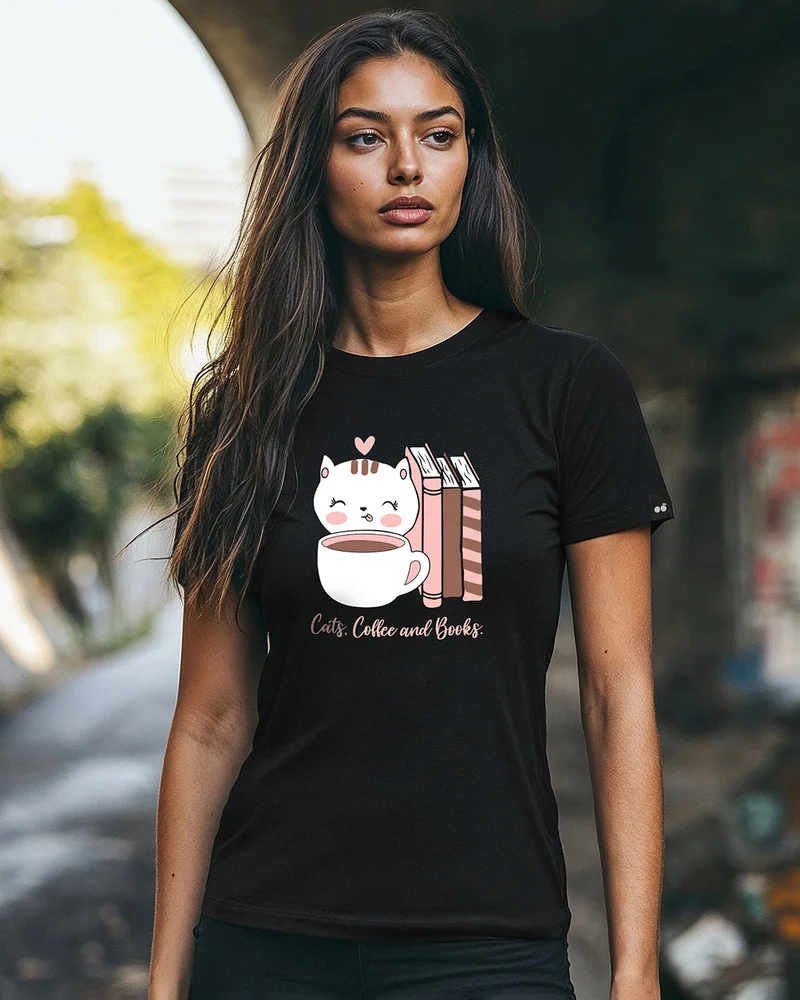 bewakoof Women's Black Cats Coffee And Books Graphic Printed Slim Fit T-shirt