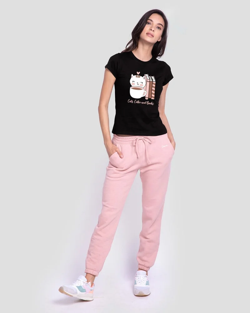 bewakoof  Women's Black Cats Coffee And Books Graphic Printed Slim Fit T-shirt for Women | Best Price UAE