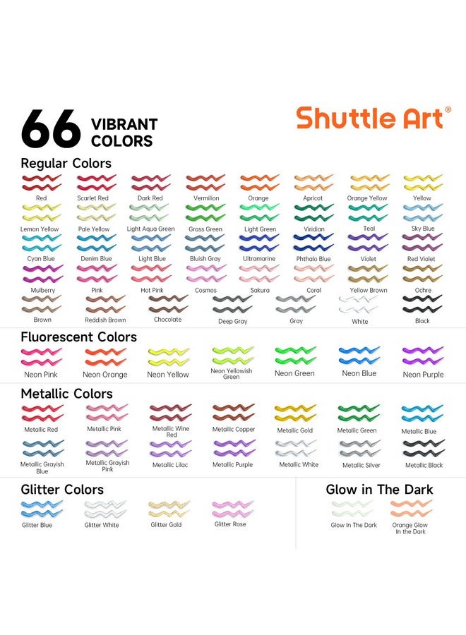 Shuttle Art 66 Colors Fabric Paint, Shuttle Art 3D Fabric Paint with Stencil and Brushes, Permanent Textile Paint Includes Neon, Metallic, Glitter and Glow in the Dark Paint, Ideal for Clothing and DIY Decoration - Image 2