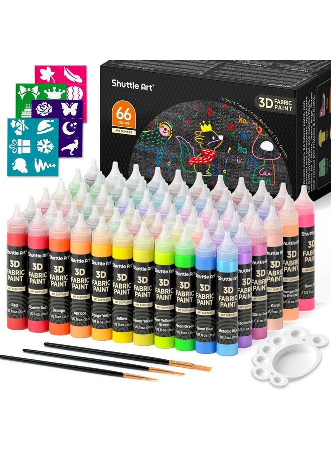 Shuttle Art 66 Colors Fabric Paint, Shuttle Art 3D Fabric Paint with Stencil and Brushes, Permanent Textile Paint Includes Neon, Metallic, Glitter and Glow in the Dark Paint, Ideal for Clothing and DIY Decoration - Image 1