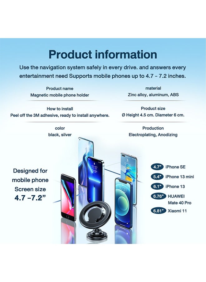 Magnetic Car Phone Holder, 360° Rotation Car Mount, Universal Phone Stand for Car Compatible with iPhone 16 15 14 13 12 11, Samsung, and All Devices