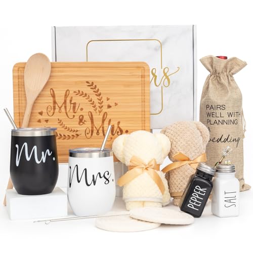 BUBOOM Wedding Gifts for Couple (11 Piece Set), Cool Engagement Baskets for Newlywed, Unique Mr and Mrs Box for Bride and Groom, Bridal Shower Gift for Bride To Be, His and Hers, Just Married - Image 1