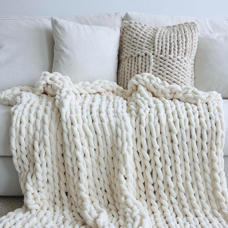 Maetoow Chenille Chunky Knit Blanket Throw （40×50 Inch）, Handmade Warm & Cozy Blanket Couch, Bed, Home Decor, Soft Breathable Fleece Banket, Christmas Thick and Giant Yarn Throws, Cream - Image 1