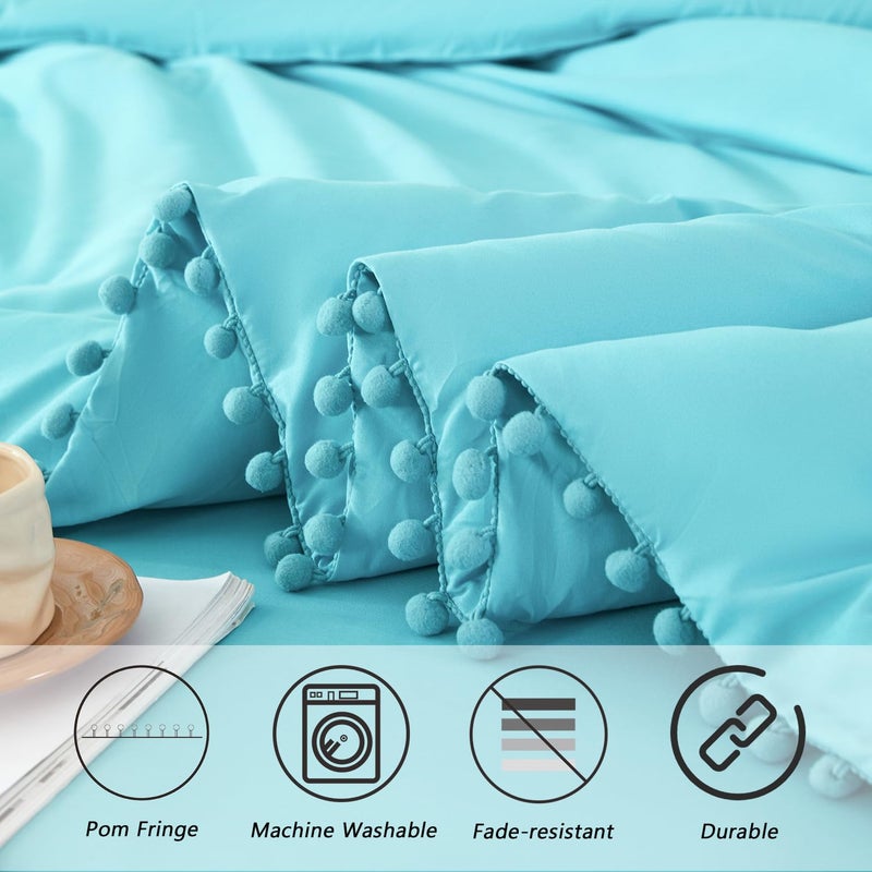 PERFEMET 5 Pcs Twin Size Comforter Set Teal Blue Pom Pom Cute Bedding Comforters for Girls Kids Teen Soft All Season Fluffy Boho Solid Bed in A Bag with Sheet Set(Teal Blue, Twin) - Image 4