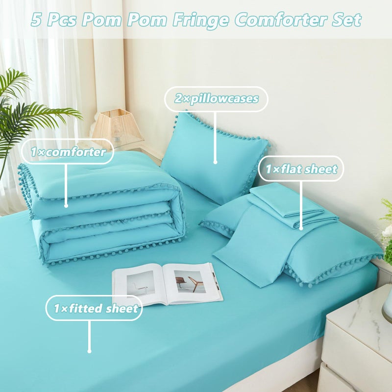 PERFEMET 5 Pcs Twin Size Comforter Set Teal Blue Pom Pom Cute Bedding Comforters for Girls Kids Teen Soft All Season Fluffy Boho Solid Bed in A Bag with Sheet Set(Teal Blue, Twin) - Image 3