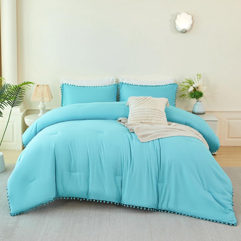 PERFEMET 5 Pcs Twin Size Comforter Set Teal Blue Pom Pom Cute Bedding Comforters for Girls Kids Teen Soft All Season Fluffy Boho Solid Bed in A Bag with Sheet Set(Teal Blue, Twin) - Image 2