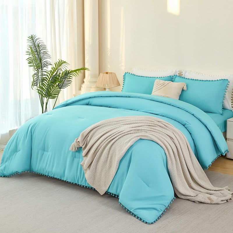 PERFEMET 5 Pcs Twin Size Comforter Set Teal Blue Pom Pom Cute Bedding Comforters for Girls Kids Teen Soft All Season Fluffy Boho Solid Bed in A Bag with Sheet Set(Teal Blue, Twin) - Image 1