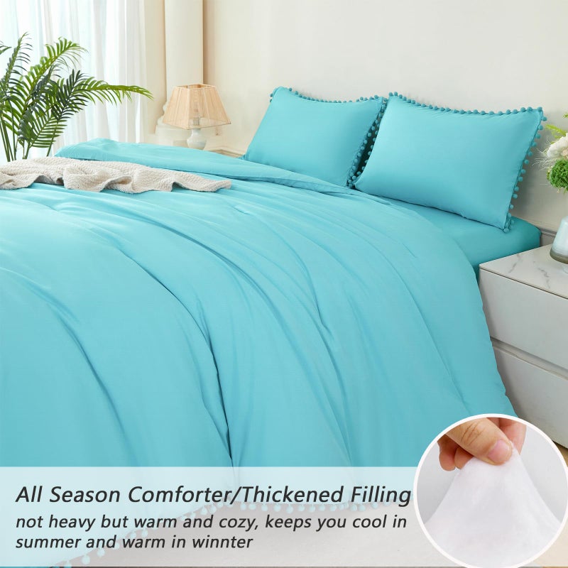 PERFEMET 5 Pcs Twin Size Comforter Set Teal Blue Pom Pom Cute Bedding Comforters for Girls Kids Teen Soft All Season Fluffy Boho Solid Bed in A Bag with Sheet Set(Teal Blue, Twin) - Image 5