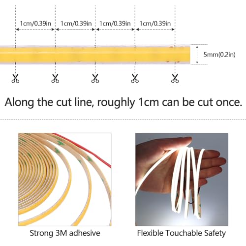 GOMING 12V 5mm Width COB LED Strip Light Cool White 6000K 16.4ft(5M) 2000LEDs CRI 93+ Uniform Glow Flexible Not Waterproof IP20 LED Tape Lights for DIY Bedroom Kitchen Home Decor(No Power Supply) - Image 2