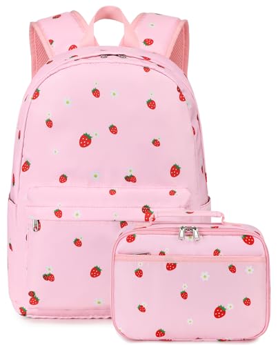 LEDAOU Kids School Backpack with Lunch Box for Girls Kindergarten BookBag School Bag Preschool Toddler Backpack (Pink Strawberry) - Image 1