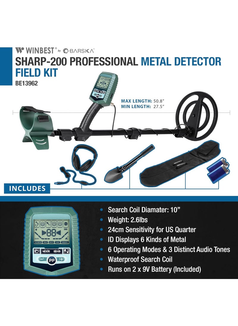 Barska Winbest Sharp200 Professional Metal Detector Field Kit with Submergible Search Coil Heanphone Folding Shovel with Compass Carrying Case