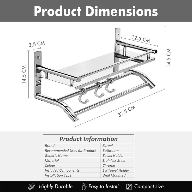 Zureni Stainless Steel Towel Holder Double Layer Chrome Finish Stand Multipurpose Hanger Wall Mount Bath Kitchen Bathroom Accessories Rack Shelf Organizer (Silver, Set of 1) - Image 2