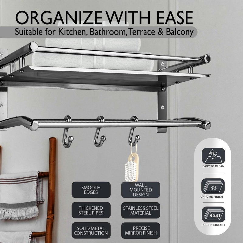 Zureni Stainless Steel Towel Holder Double Layer Chrome Finish Stand Multipurpose Hanger Wall Mount Bath Kitchen Bathroom Accessories Rack Shelf Organizer (Silver, Set of 1) - Image 4