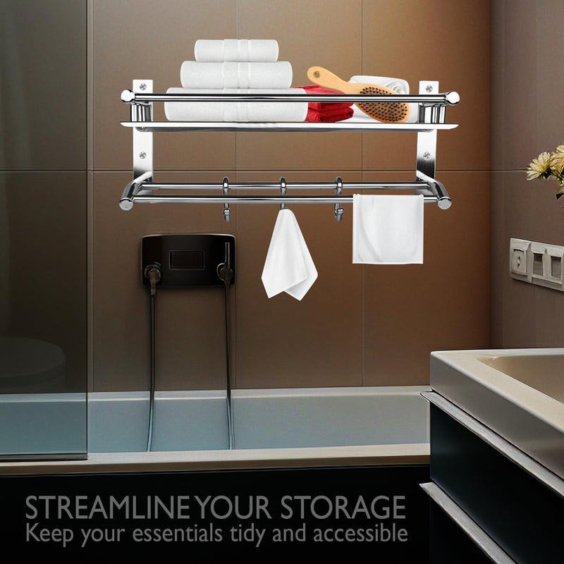 Zureni Stainless Steel Towel Holder Double Layer Chrome Finish Stand Multipurpose Hanger Wall Mount Bath Kitchen Bathroom Accessories Rack Shelf Organizer (Silver, Set of 1) - Image 5
