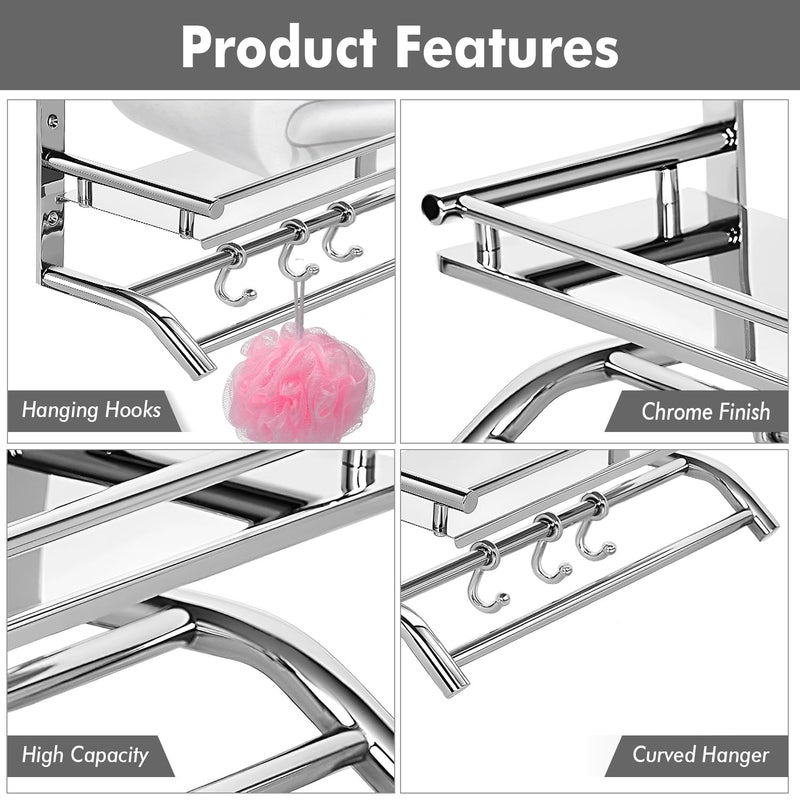 Zureni Stainless Steel Towel Holder Double Layer Chrome Finish Stand Multipurpose Hanger Wall Mount Bath Kitchen Bathroom Accessories Rack Shelf Organizer (Silver, Set of 1) - Image 3