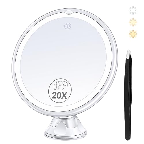B Beauty Planet 2025 Upgraded Magnifying Mirror with Light, 20X Lighted Magnifying Mirror with Suction Cup and Tweezers, 3 Colors Vanity Mirrors, 360 Rotation, Makeup Mirrors with Lights 8 Inches - Image 1
