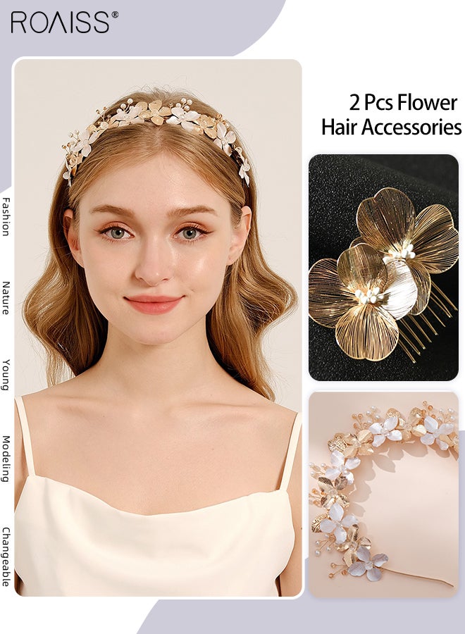 رويس إكسسوارات شعر نسائية مكونة من قطعتين، أمشاط شعر ذهبية على شكل زهرة، عصابة رأس على شكل تاج زهور على طراز الباروك مرصعة بالزهور، إكسسوارات شعر الزفاف، غطاء رأس للعروس لحفلات الزفاف والحفلات وجلسات التصوير. - Image 1