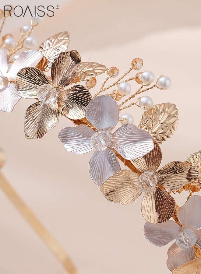 رويس إكسسوارات شعر نسائية مكونة من قطعتين، أمشاط شعر ذهبية على شكل زهرة، عصابة رأس على شكل تاج زهور على طراز الباروك مرصعة بالزهور، إكسسوارات شعر الزفاف، غطاء رأس للعروس لحفلات الزفاف والحفلات وجلسات التصوير. - Image 4