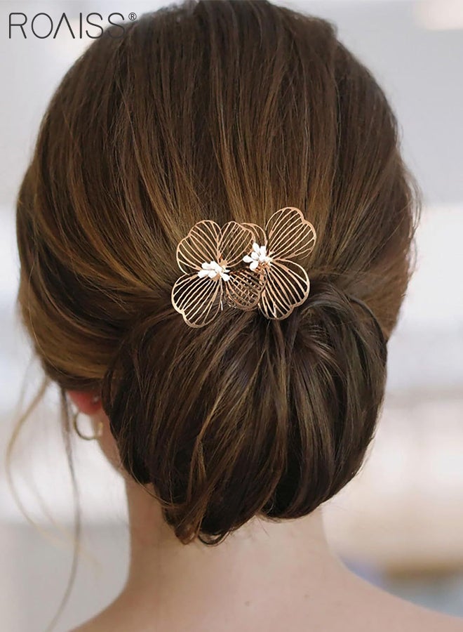 رويس إكسسوارات شعر نسائية مكونة من قطعتين، أمشاط شعر ذهبية على شكل زهرة، عصابة رأس على شكل تاج زهور على طراز الباروك مرصعة بالزهور، إكسسوارات شعر الزفاف، غطاء رأس للعروس لحفلات الزفاف والحفلات وجلسات التصوير. - Image 2