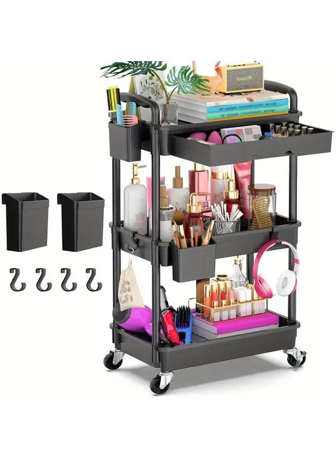 3 Tier Rolling Utility Cart With Lockable Wheels Black Plastic Shelves Storage Organizer - Image 1