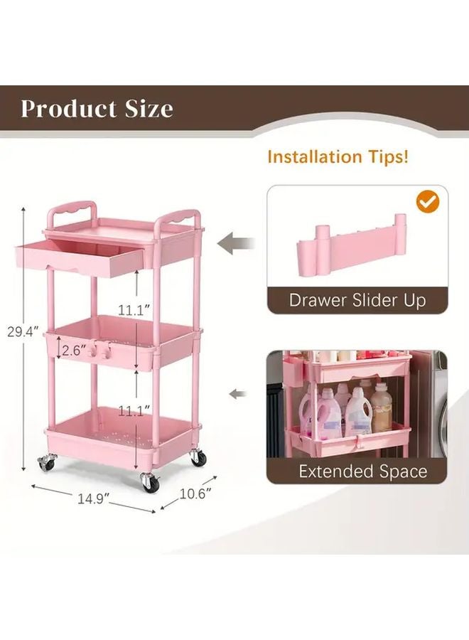 3 Tier Rolling Utility Cart With Lockable Wheels Black Plastic Shelves Storage Organizer - Image 5