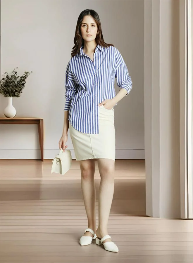 دينيس لينغو قميص نسائي مخطط باللون الأزرق من الرايون بقصة مريحة