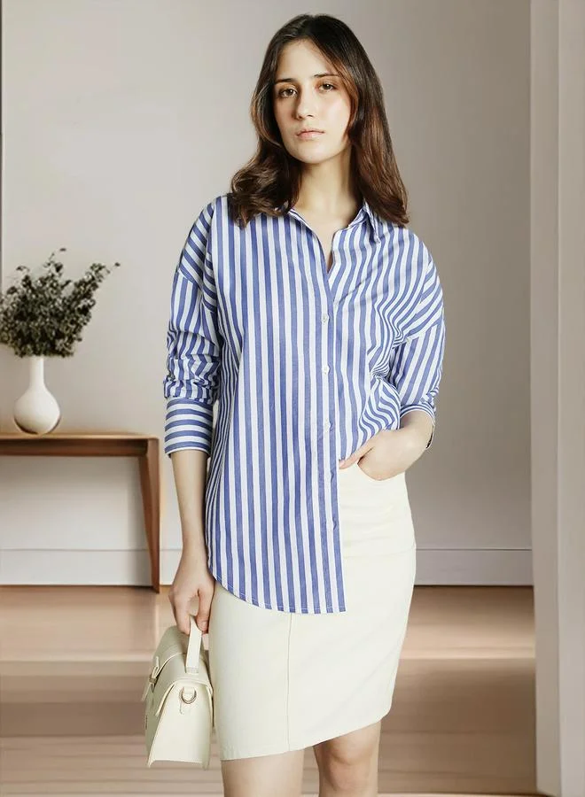 دينيس لينغو قميص نسائي مخطط باللون الأزرق من الرايون بقصة مريحة