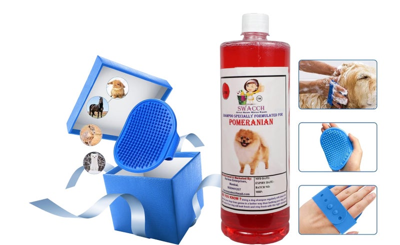 swacch Shampoo | Puppy Safe Shampoo | PH Balanced | Pomeranian Dog Shampoo 1 Litre Strawberry + | Rubber Bath Brush with Adjustable Straps | Pet Massage | Soothing Bristles Hand Brush I Combo Pack - Image 2