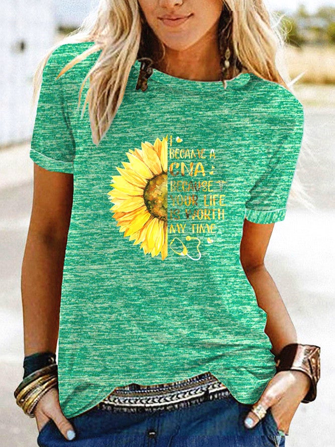 Wish Fun Sunflower Pattern Printed Contrast Short Sleeve T-Shirt For Women - Image 1