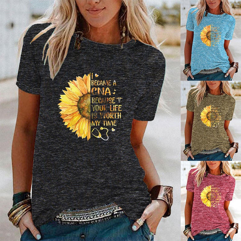 Wish Fun Sunflower Pattern Printed Contrast Short Sleeve T-Shirt For Women - Image 2