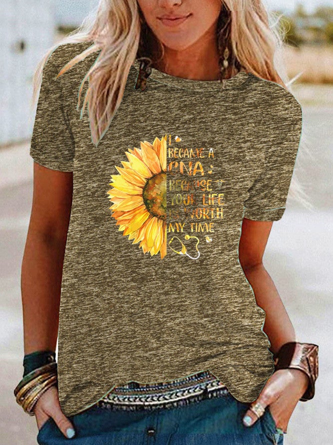 Wish Fun Sunflower Pattern Printed Contrast Short Sleeve T-Shirt For Women - Image 3