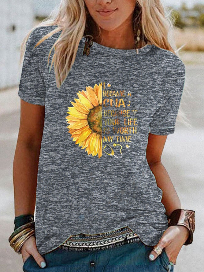 Wish Fun Sunflower Pattern Printed Contrast Short Sleeve T-Shirt For Women - Image 5