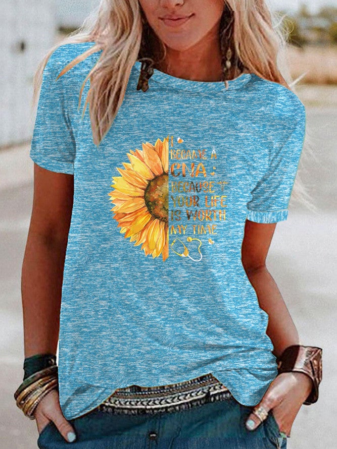 Wish Fun Sunflower Pattern Printed Contrast Short Sleeve T-Shirt For Women - Image 4