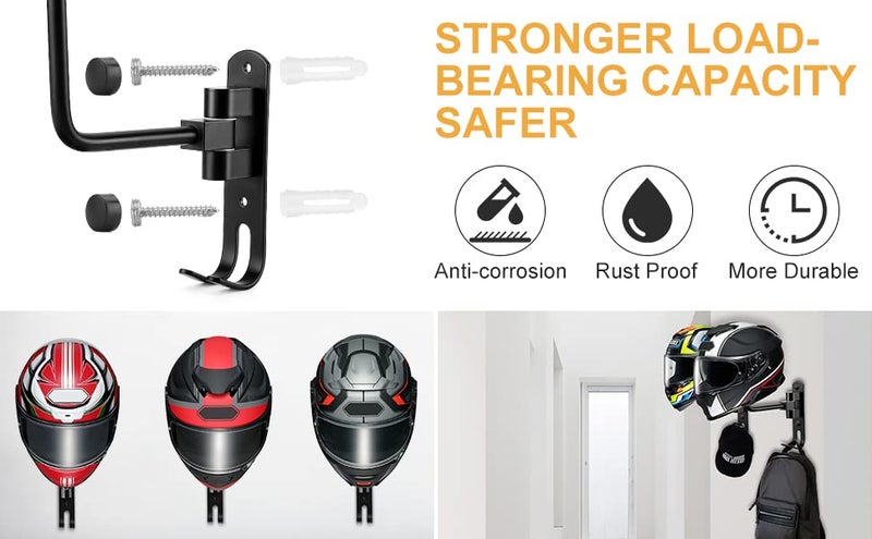 PAHTTO Motorcycle Helmet Holder, Helmet Rack Wall Mount 180 Degree Rotation Helmet Hanger with Double Hook for Coats, Caps, Hats, Motorcycle Accessories - Image 4