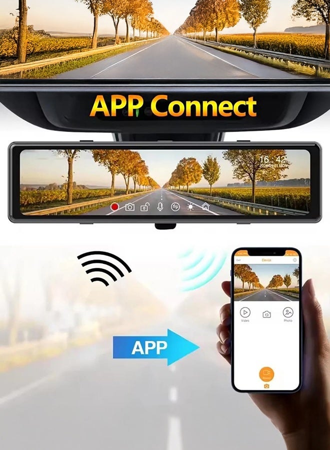 شو وو كاميرا لوحة القيادة 4K بمرآة 12 بوصة مع واي فاي، وتسجيل بانورامي 360 درجة بأربع قنوات (أمامي/يسار/يمين/خلفي) | 1080P+4K HD، وكشف النقطة العمياء (BSD)، ونظام ADAS، ورؤية ليلية، والتحكم الصوتي، ووضع ركن السيارة على مدار 24 ساعة، وبطاقة مجانية 128 جيجابايت - Image 5