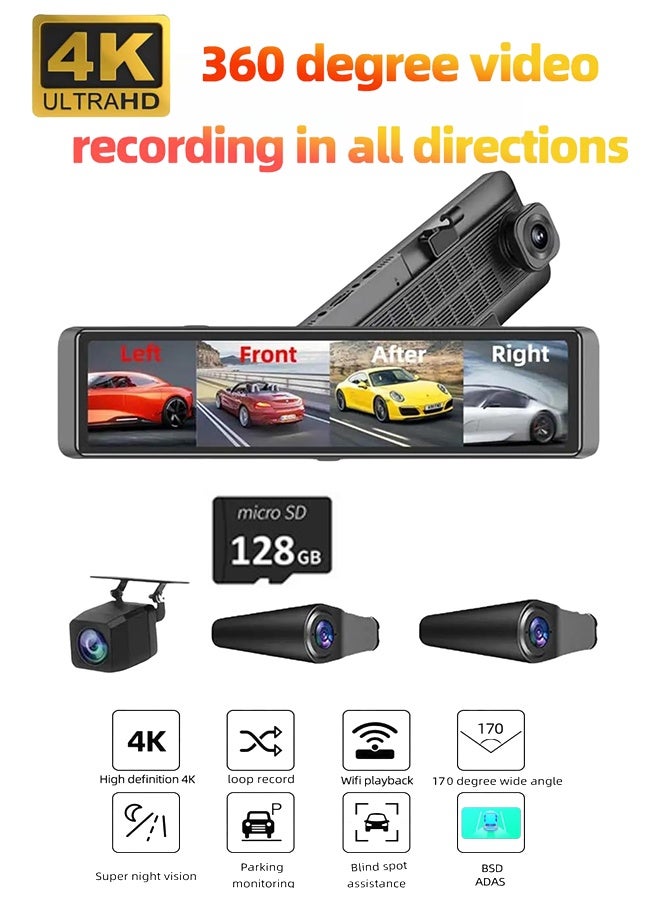 شو وو كاميرا لوحة القيادة 4K بمرآة 12 بوصة مع واي فاي، وتسجيل بانورامي 360 درجة بأربع قنوات (أمامي/يسار/يمين/خلفي) | 1080P+4K HD، وكشف النقطة العمياء (BSD)، ونظام ADAS، ورؤية ليلية، والتحكم الصوتي، ووضع ركن السيارة على مدار 24 ساعة، وبطاقة مجانية 128 جيجابايت - Image 1