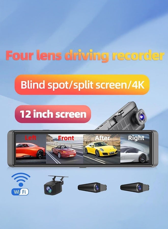 شو وو كاميرا لوحة القيادة 4K بمرآة 12 بوصة مع واي فاي، وتسجيل بانورامي 360 درجة بأربع قنوات (أمامي/يسار/يمين/خلفي) | 1080P+4K HD، وكشف النقطة العمياء (BSD)، ونظام ADAS، ورؤية ليلية، والتحكم الصوتي، ووضع ركن السيارة على مدار 24 ساعة، وبطاقة مجانية 128 جيجابايت - Image 2