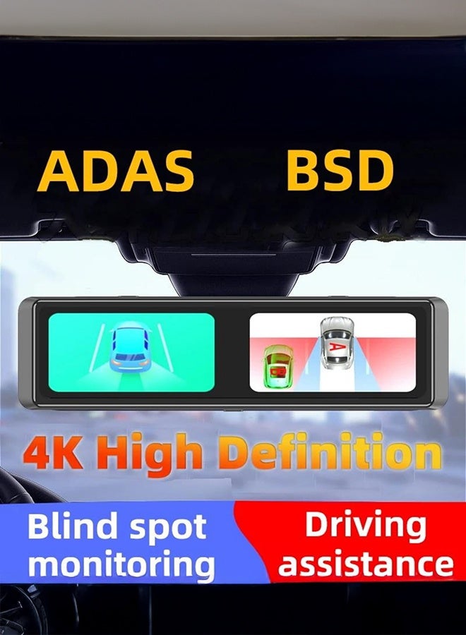 شو وو كاميرا لوحة القيادة 4K بمرآة 12 بوصة مع واي فاي، وتسجيل بانورامي 360 درجة بأربع قنوات (أمامي/يسار/يمين/خلفي) | 1080P+4K HD، وكشف النقطة العمياء (BSD)، ونظام ADAS، ورؤية ليلية، والتحكم الصوتي، ووضع ركن السيارة على مدار 24 ساعة، وبطاقة مجانية 128 جيجابايت - Image 3